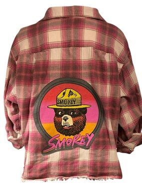 Smokey the Bear Upcycled Pink Flannel Top T Shirt Camping Hiking Boyfriend